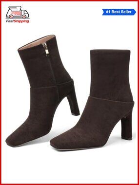 Women Square Toe Ankle Booties Side Zip High Heel Boots